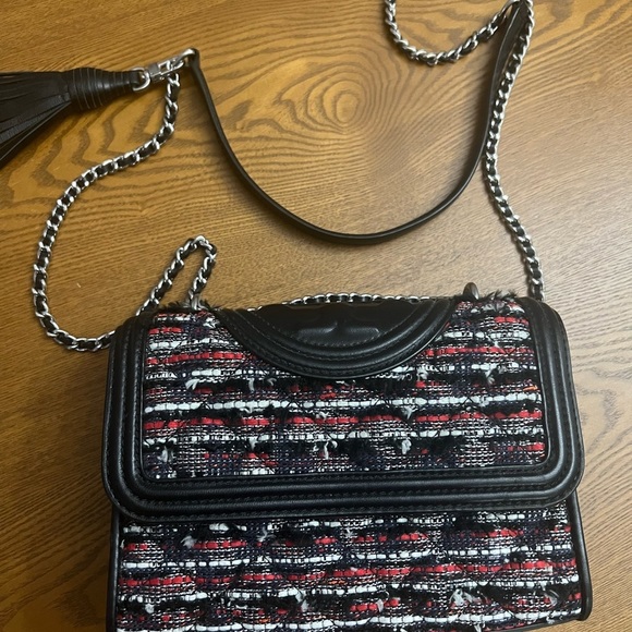 TORY BURCH Small Fleming Tweed Black Convertible Shoulder Bag - Picture 1 of 7